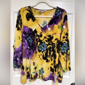 TanJay Women XL 3/4 Sleeve Top Yellow Multi Abstract Floral Colorful Art to Wear